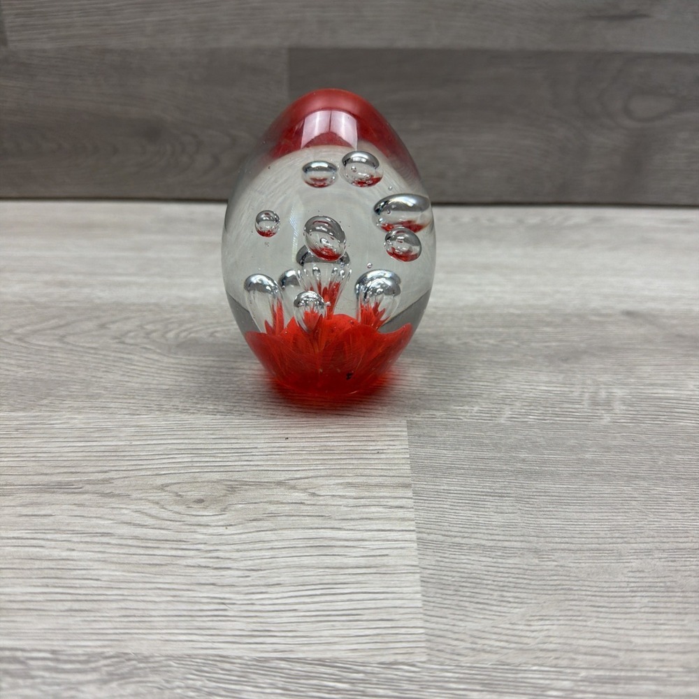 Bullicante Art Glass Paperweight 4"‎ Teardrop Egg Bubbles Red Flowers Decorative